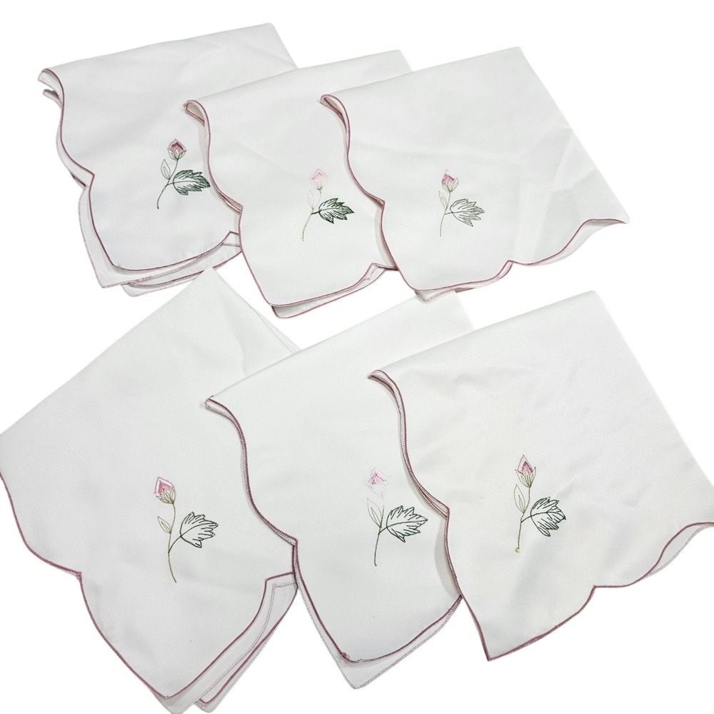 Vintage Embroidered Rose Satin Cloth Napkins Set‎ 6 Scalloped Edges Dinner Party